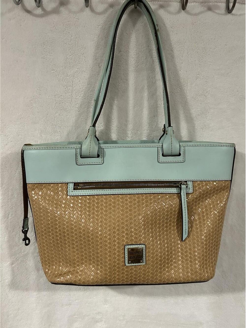 Dooney & Bourke Large Beacon Zip Tote LIGHT BLUE/ AQUA Tan Woven Shoulder Bag